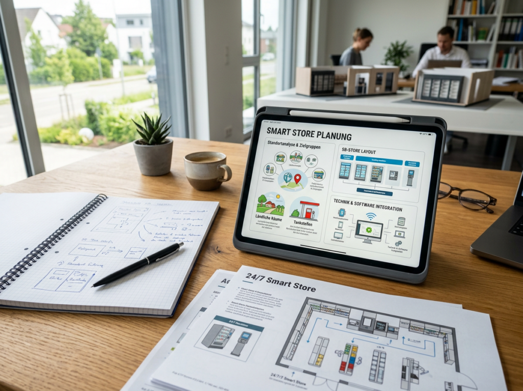 Smart Store Planung und Standortanalyse Tablet im modernen Konzeptplanung Büro.