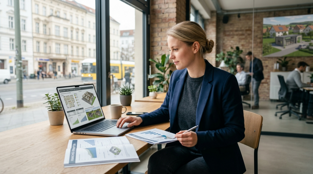 Expertin bei Projektberatung, Standortanalyse und Smart Store Planung am Laptop im modernen Büro.