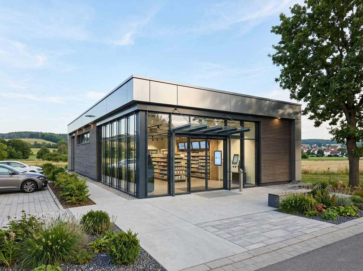 Moderner Smart Store als SB-Dorfladen mit großen Glasfronten, ein automatisierter 24/7 Supermarkt auf dem Land. Moderner Smart Store als SB-Dorfladen mit großen Glasfronten, ein automatisierter 24/7 Supermarkt auf dem Land.