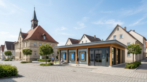 Moderner Smart Store als SB-Dorfladen im historischen Dorfzentrum: Ein innovativer digitaler Nahversorger.