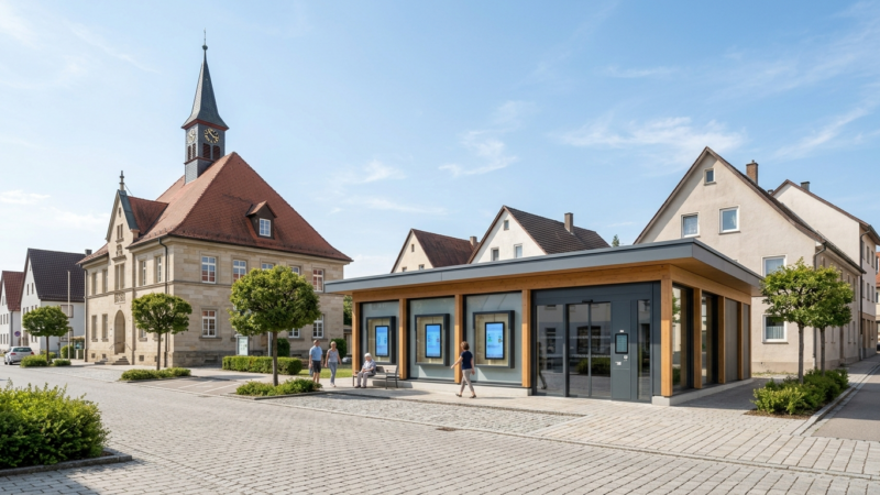 Glas-Smart-Store mit Holzfassade auf dem Dorfplatz vor historischem Uhrenturm.