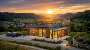 Moderner Smart Store als SB-Dorfladen in ländlicher Idylle bietet 24/7 Nahversorgung im Sonnenuntergang.
