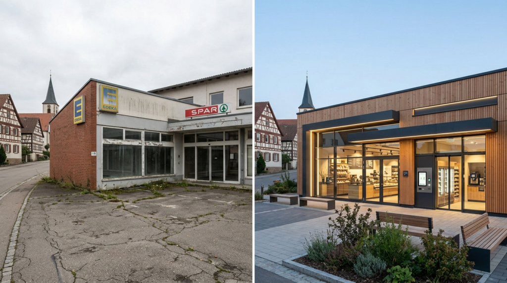 Verlassener Supermarkt wird zum modernen Smart Store: Ein neuer SB-Dorfladen sichert die 24/7 Nahversorgung. Verlassener Supermarkt wird zum modernen Smart Store: Ein neuer SB-Dorfladen sichert die 24/7 Nahversorgung.