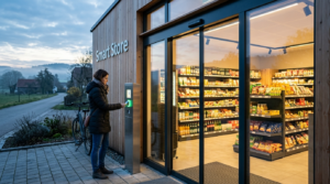Frau nutzt Smartphone am Eingang vom Smart Store, ein SB-Dorfladen mit Self-Checkout.