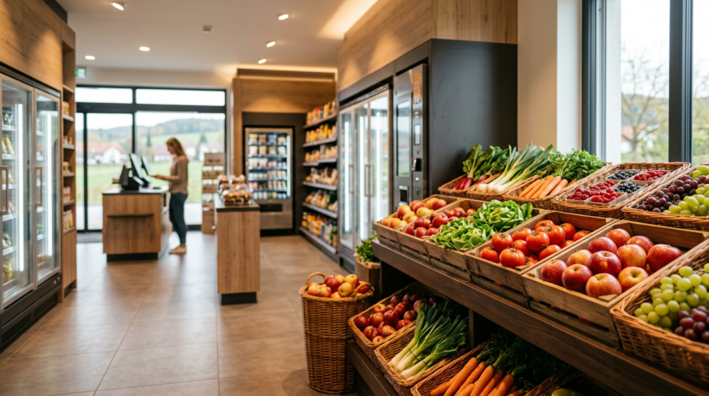 Moderner Smart Store und SB-Hofladen mit frischem Obst und Gemüse, Kundin am Self-Checkout im Hintergrund. Moderner Smart Store und SB-Hofladen mit frischem Obst und Gemüse, Kundin am Self-Checkout im Hintergrund.