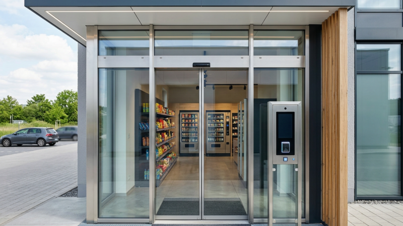 Smart Store: 24/7 SB-Shop mit modernem Zugangssystem Verglaster Eingang zum modernen Smart Store mit Zugangssystem als 24/7 SB-Shop für urbane Wohnquartiere.