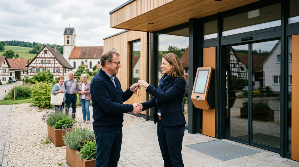 Schlüsselübergabe für neuen Smart Store sichert ländliche Nahversorgung im idyllischen Dorf Schlüsselübergabe für neuen Smart Store sichert ländliche Nahversorgung im idyllischen Dorf
