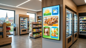Moderner Smart Store als digitaler Dorfladen mit Self Checkout Terminal und Regalen.