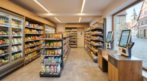 Moderner Smart Store als 24/7 SB-Dorfladen mit Self-Checkout Kasse für die ländliche Nahversorgung.