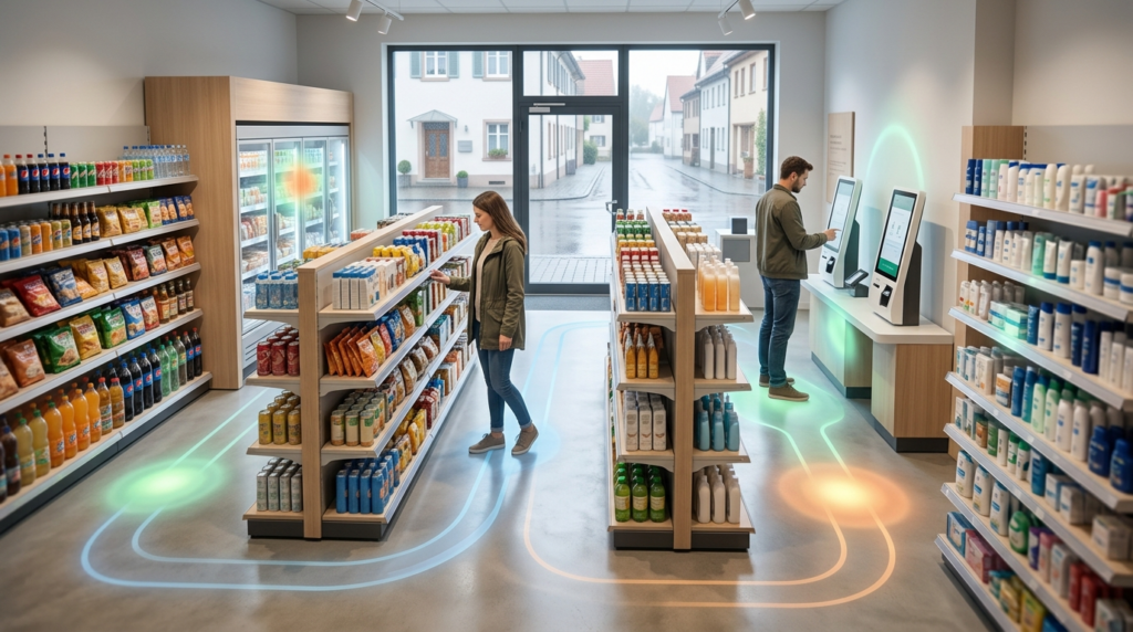 Kunden im Smart Store nutzen Self-Checkout-Systeme im innovativen SB-Supermarkt mit leuchtenden Bodenlinien.