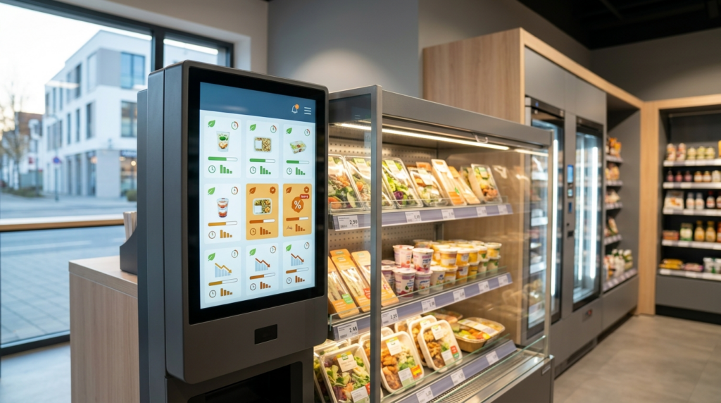 Modernes Self-Checkout Terminal in einem Smart Store für digitale Nahversorgung mit vollen Kühlregalen. Modernes Self-Checkout Terminal in einem Smart Store für digitale Nahversorgung mit vollen Kühlregalen.