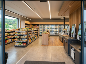 Moderner Supermarkt mit gut sortierten Regalen und einer praktischen SB-Kasse im Lebensmittelgeschäft.