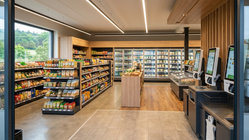 Supermarkt mit moderner SB-Kasse im Lebensmittelgeschäft Moderner Supermarkt mit gut sortierten Regalen und einer praktischen SB-Kasse im Lebensmittelgeschäft.