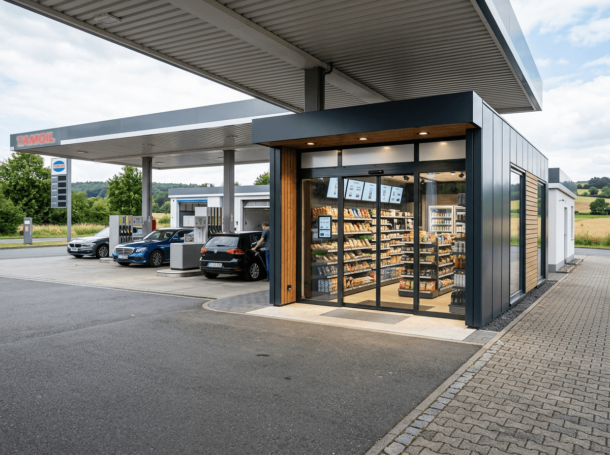 Moderne Tankstelle mit gut sortiertem Verkaufsraum im Shop Moderner Tankstellenshop mit Verkaufsraum unter dem Dach, Autos und Zapfsäulen davor.